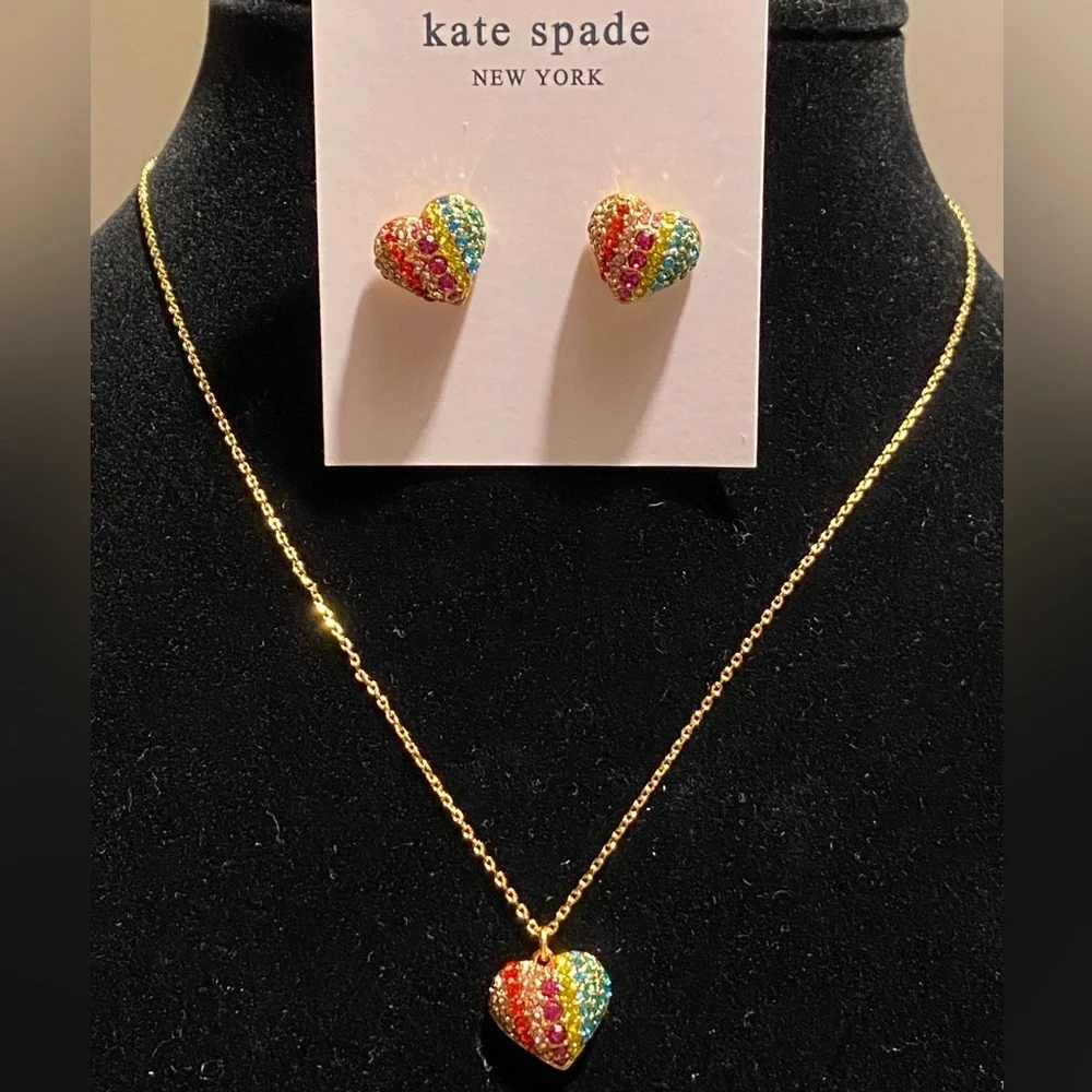 Kate Spade On the Dot Rainbow earring & necklace set. Heart shaped pave CZ new - Picture 2 of 7